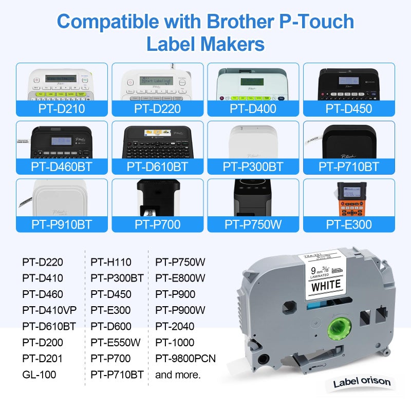 Label Orison TZe-221 Compatible with Brother P-Touch Label Tape TZ221 TZ TZe Tape 9mm Laminated Label Maker for PT-H110 PT-D210 PT-D400 PT-1290,Black on White,9mm(3/8 inch) x 8m (26.2ft),5PK - Image 3